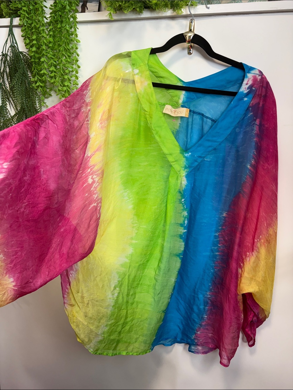 SILK Women's Tie-Dye V-Neck Blouse in Pink, Green & Blue